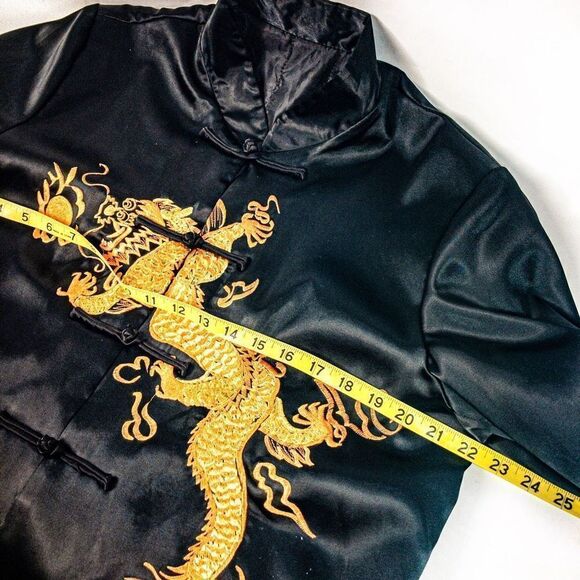 Black Satin Embroidered Chinese Dragon Mandarin Collar Tang Jacket Sz M - Picture 6 of 8